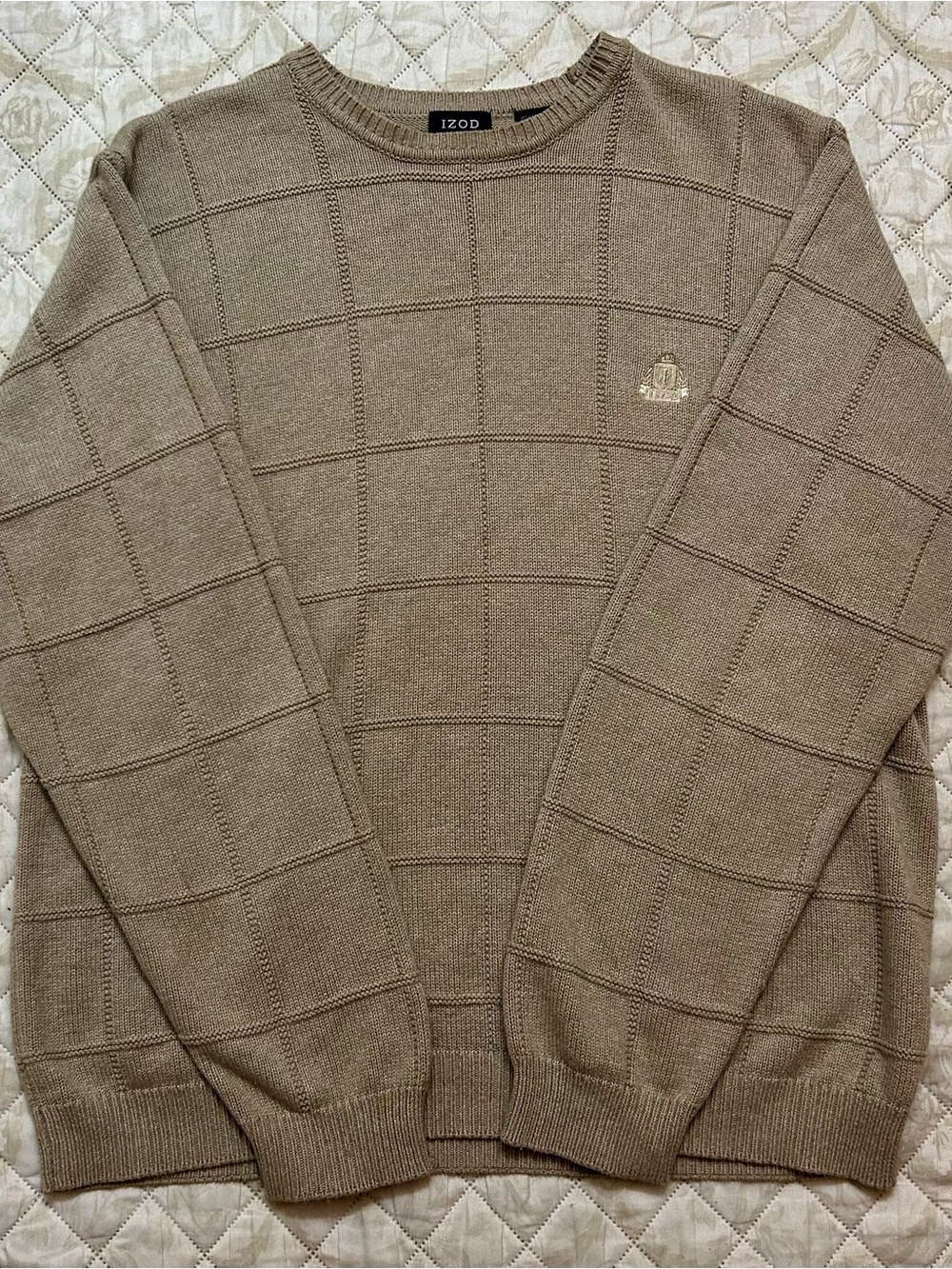 Izod Windowpane Knit Sweater Men’s XL Tan Cotton